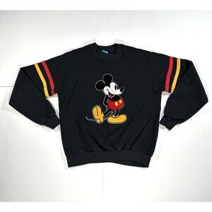 VINTAGE Disney Mickey Mouse Sweatshirt Men Large Black Ringer Logo Crew Neck 80s